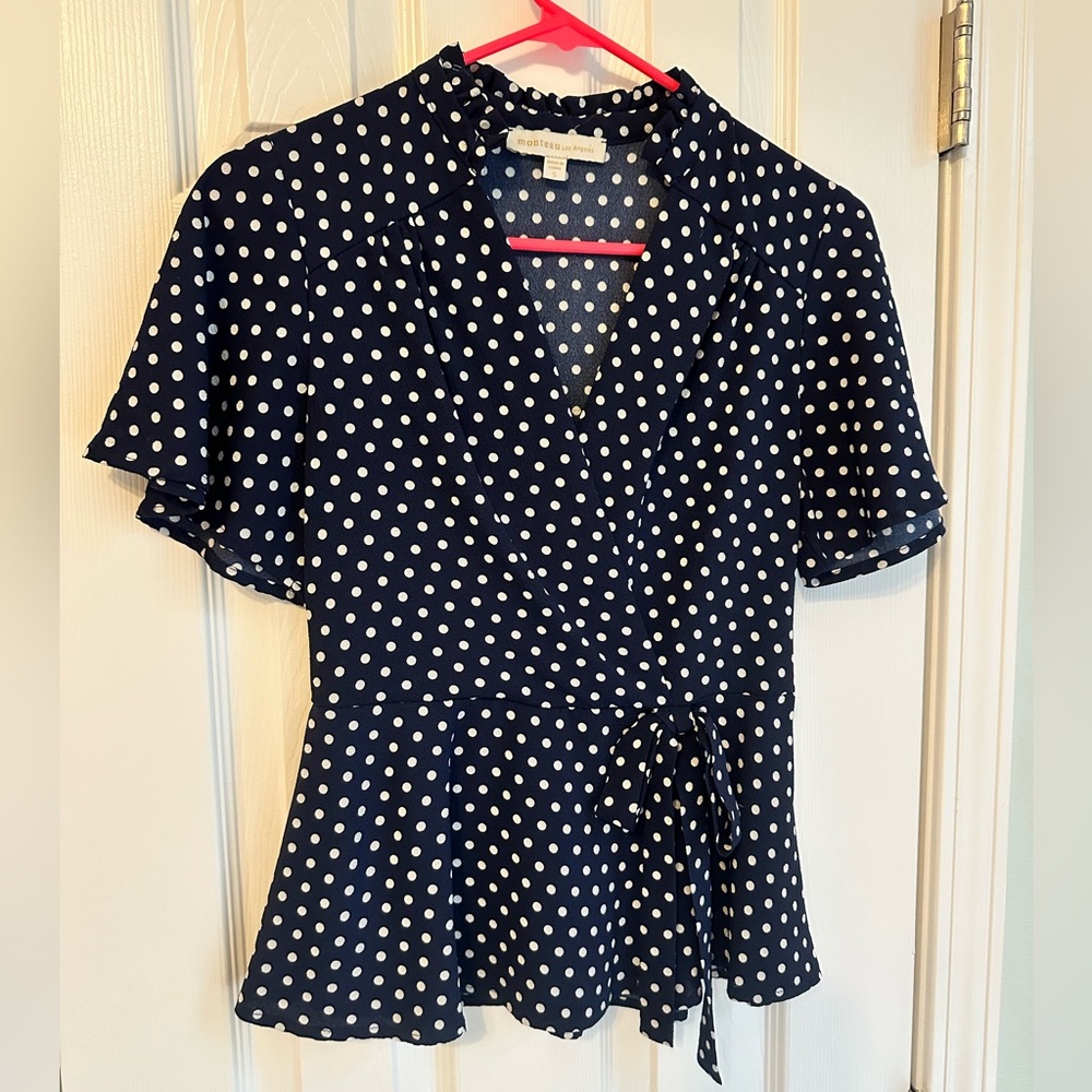 Women's MONTEAU LA Navy Polka Dot Bow Peplum Blouse Size Small